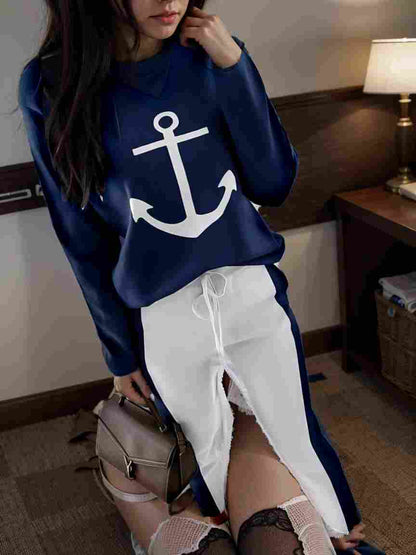 anchor print v neck long sleeve t shirt trousers two piece suit 100031