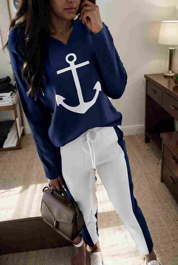 anchor print v neck long sleeve t shirt trousers two piece suit 137969