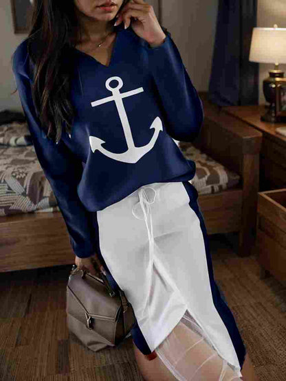 anchor print v neck long sleeve t shirt trousers two piece suit 100033