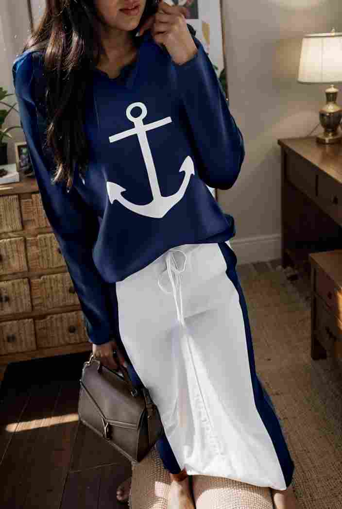 anchor print v neck long sleeve t shirt trousers two piece suit 103416