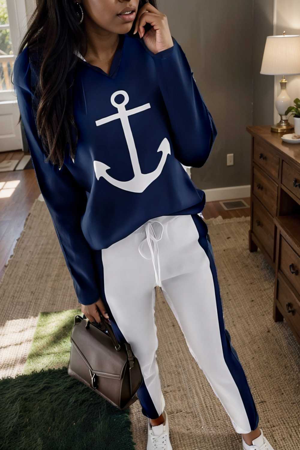 anchor print v neck long sleeve t shirt trousers two piece suit 107504