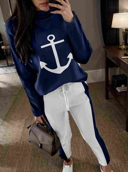 anchor print v neck long sleeve t shirt trousers two piece suit 100034