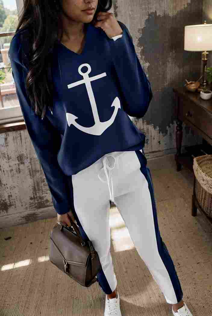 anchor print v neck long sleeve t shirt trousers two piece suit 133979