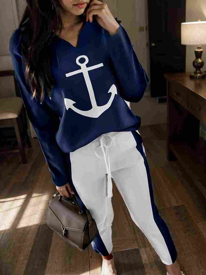 anchor print v neck long sleeve t shirt trousers two piece suit 100035