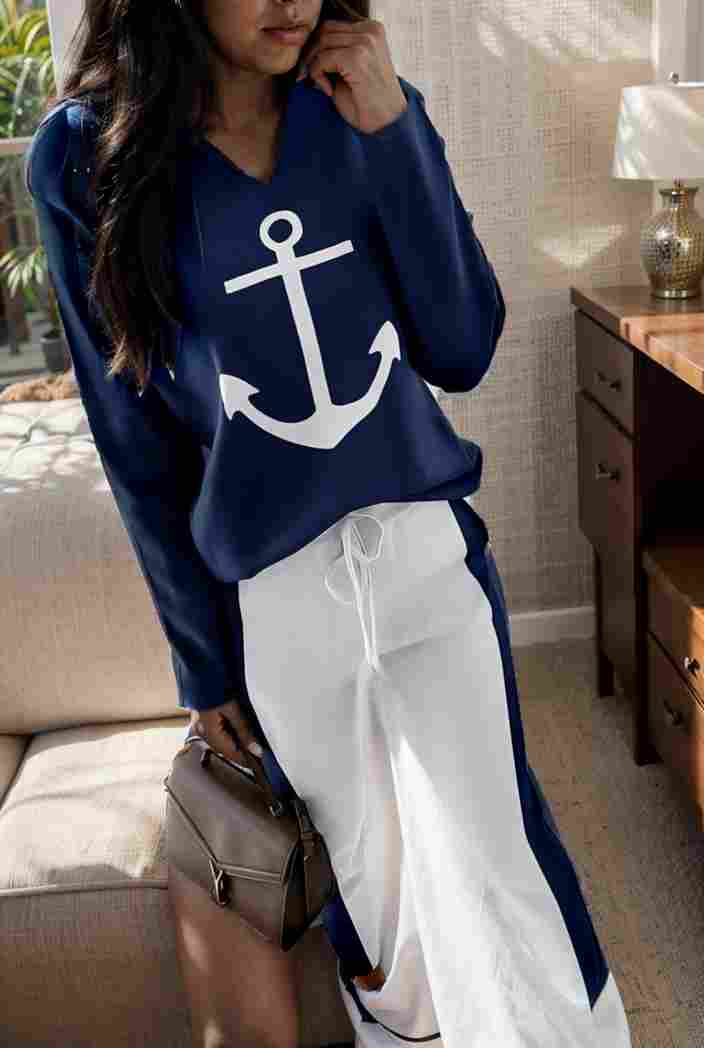 anchor print v neck long sleeve t shirt trousers two piece suit 117973