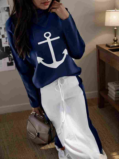 anchor print v neck long sleeve t shirt trousers two piece suit 100036