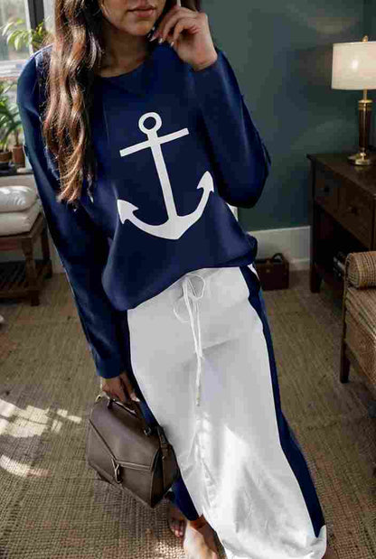 anchor print v neck long sleeve t shirt trousers two piece suit 124374