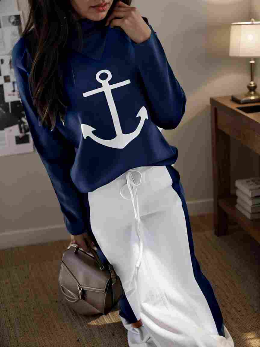 anchor print v neck long sleeve t shirt trousers two piece suit 123518