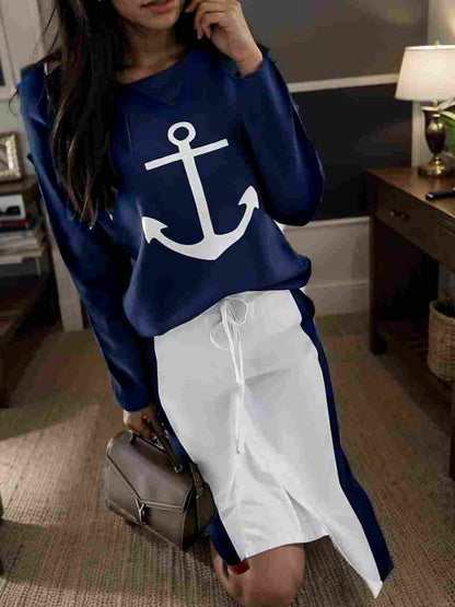 anchor print v neck long sleeve t shirt trousers two piece suit 100037