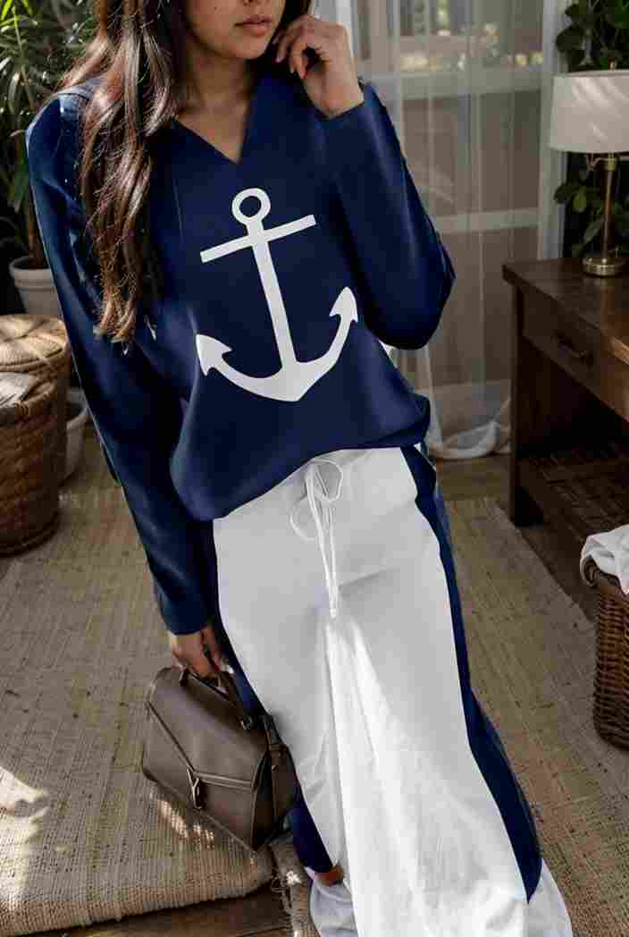 anchor print v neck long sleeve t shirt trousers two piece suit 132530