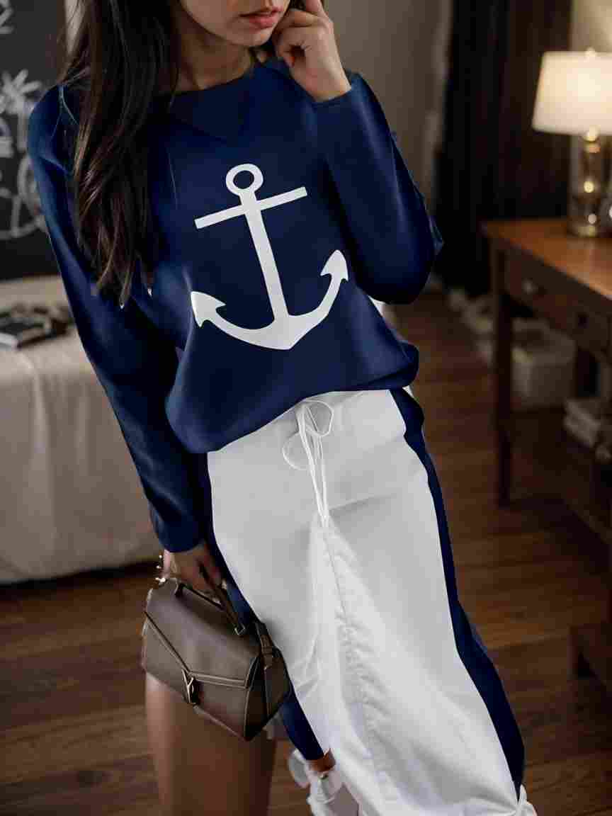 anchor print v neck long sleeve t shirt trousers two piece suit 100038