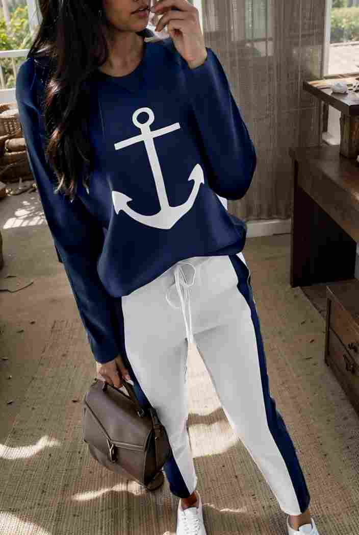 anchor print v neck long sleeve t shirt trousers two piece suit 133983