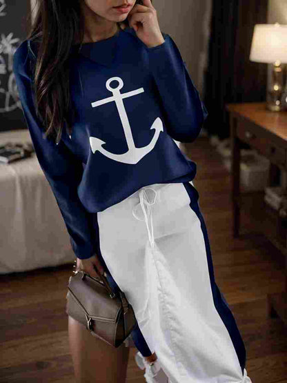 anchor print v neck long sleeve t shirt trousers two piece suit 123520