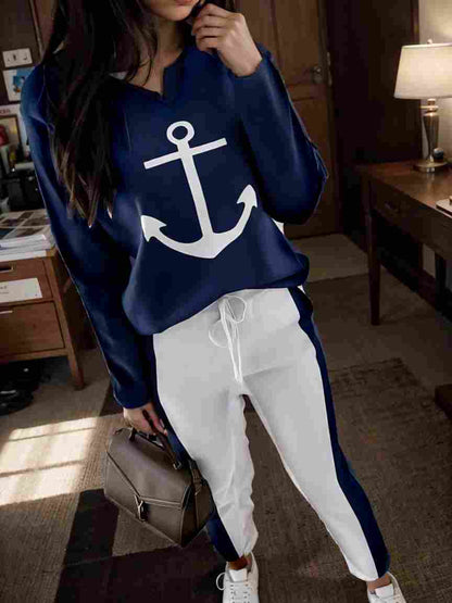 anchor print v neck long sleeve t shirt trousers two piece suit 100039