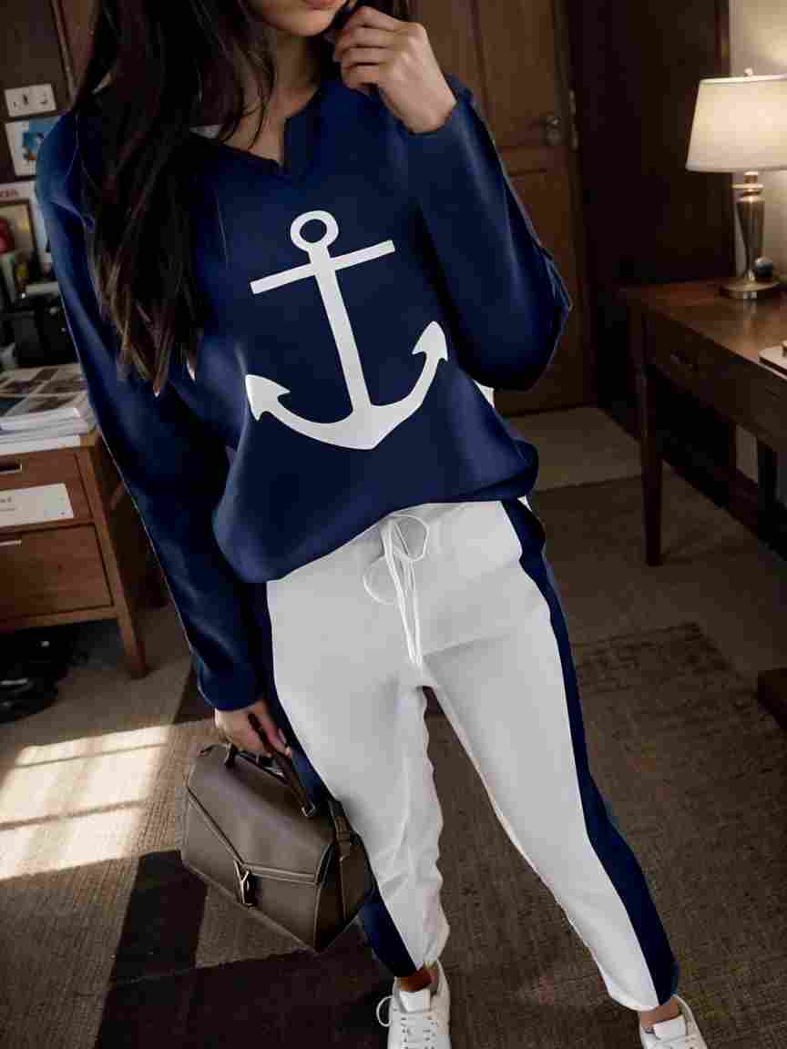 anchor print v neck long sleeve t shirt trousers two piece suit 135262