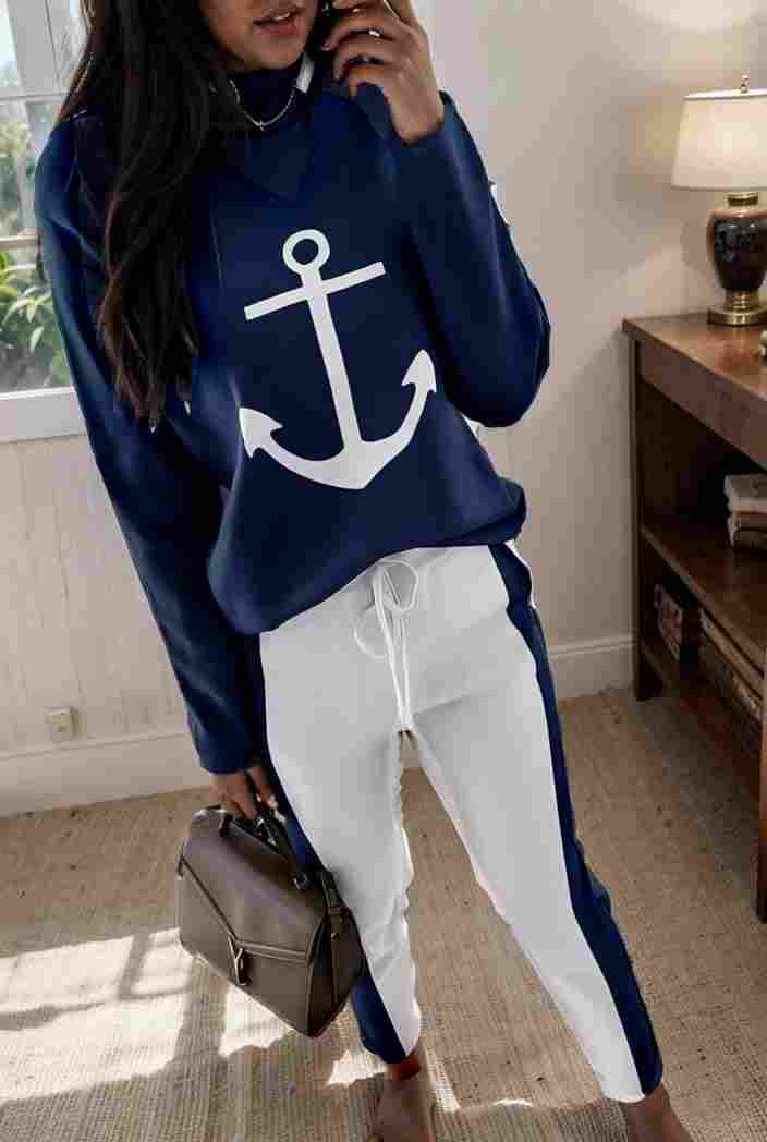 anchor print v neck long sleeve t shirt trousers two piece suit 114770