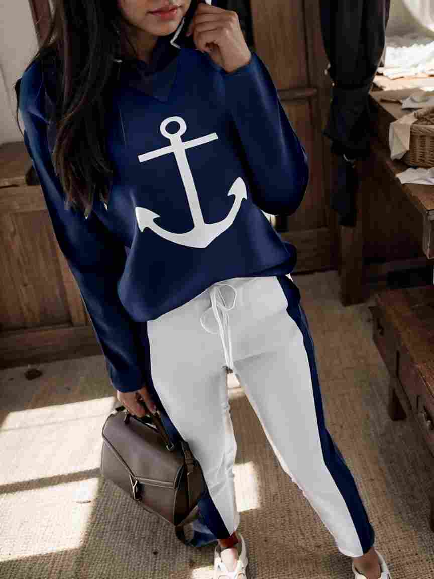 anchor print v neck long sleeve t shirt trousers two piece suit 100040