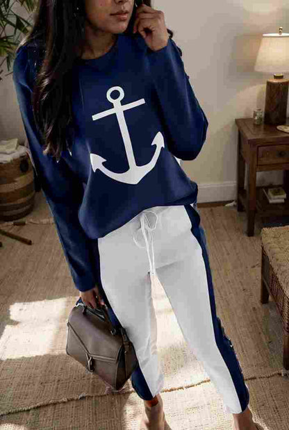 anchor print v neck long sleeve t shirt trousers two piece suit 103409