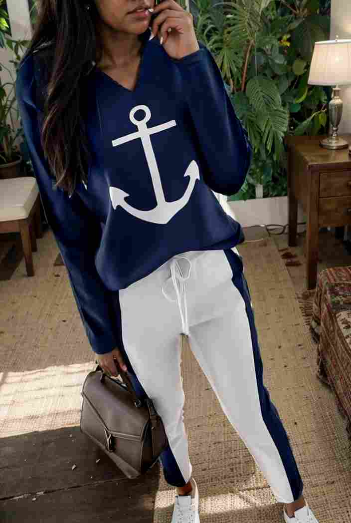 anchor print v neck long sleeve t shirt trousers two piece suit 114772