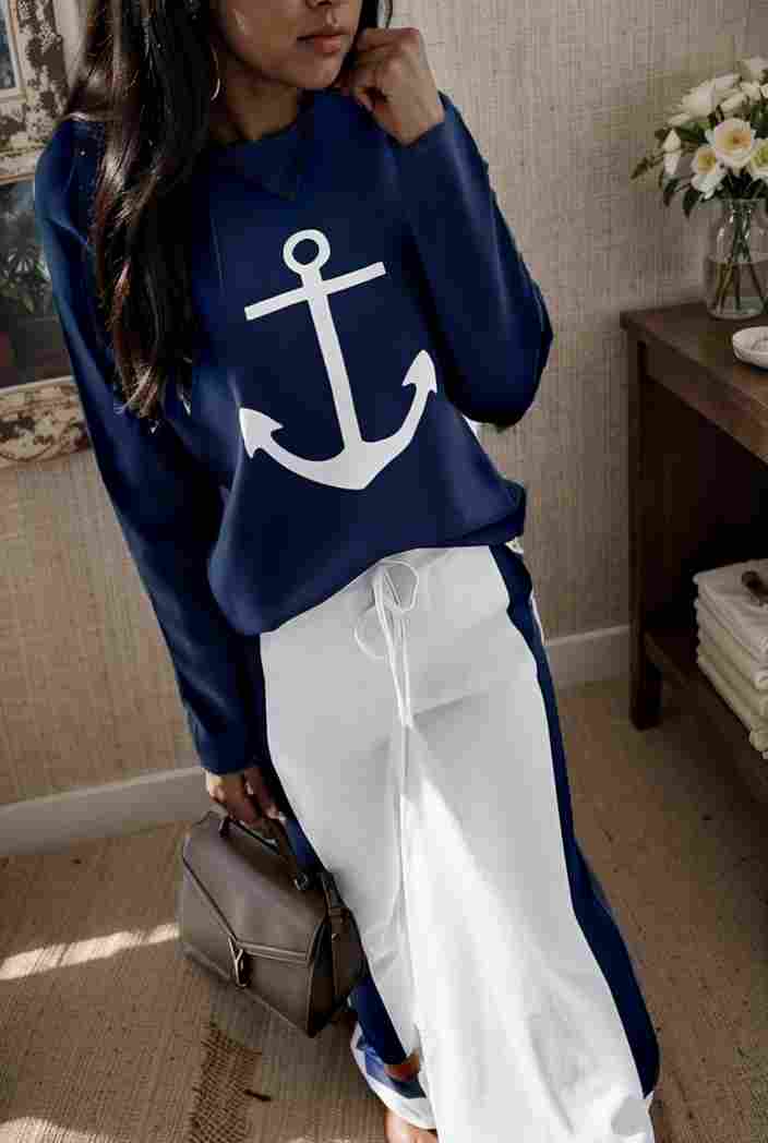 anchor print v neck long sleeve t shirt trousers two piece suit 114773