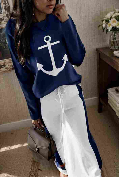 anchor print v neck long sleeve t shirt trousers two piece suit 117966