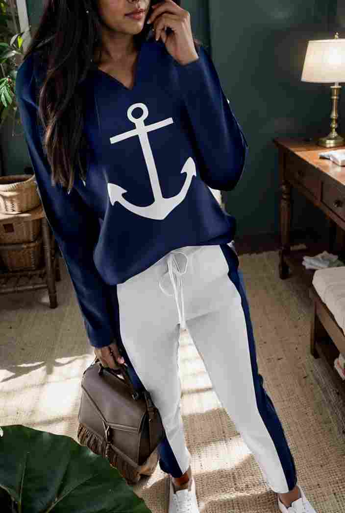 anchor print v neck long sleeve t shirt trousers two piece suit 114774