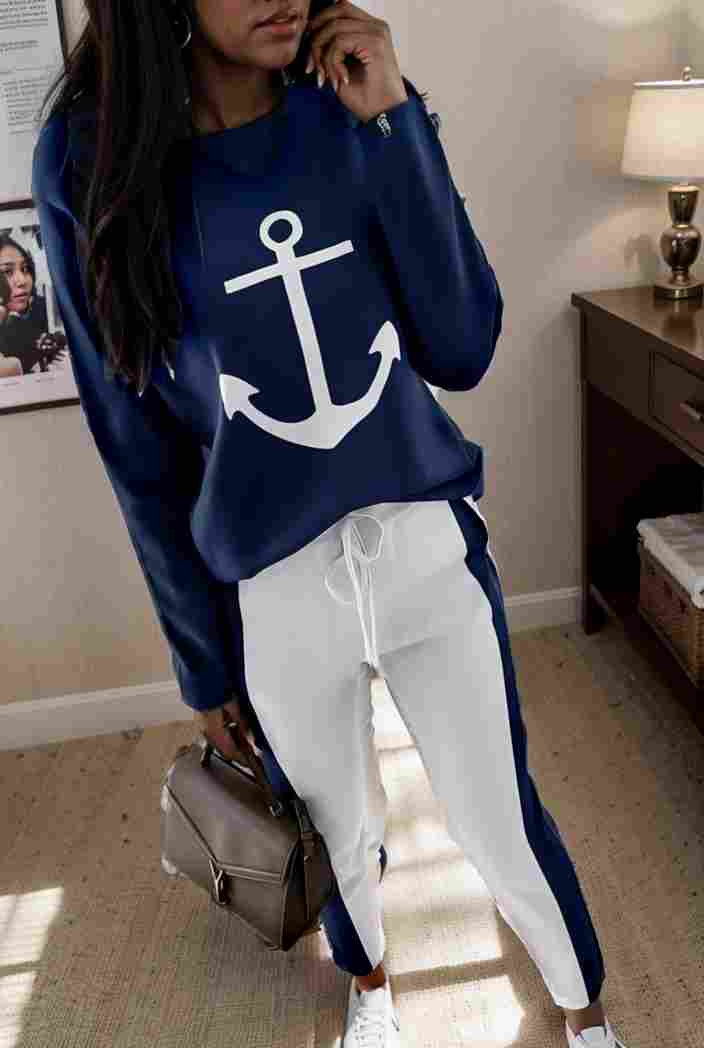 anchor print v neck long sleeve t shirt trousers two piece suit 114775