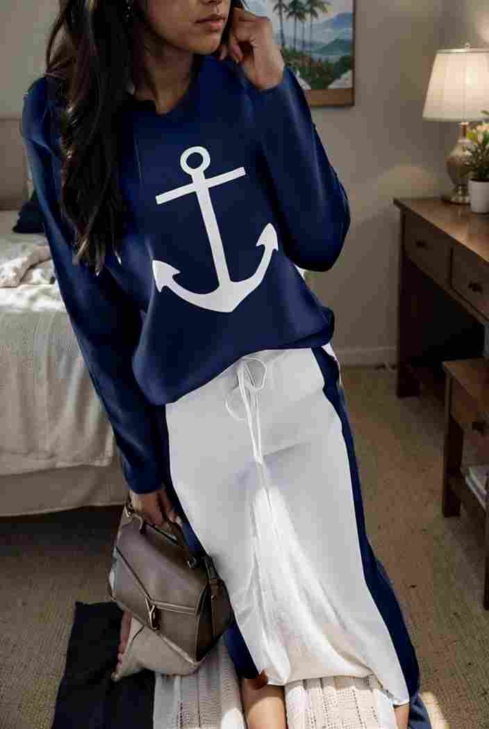 anchor print v neck long sleeve t shirt trousers two piece suit 114776