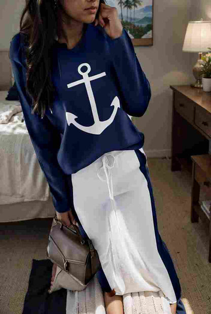 anchor print v neck long sleeve t shirt trousers two piece suit 147081