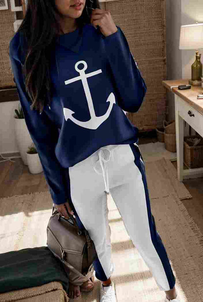 anchor print v neck long sleeve t shirt trousers two piece suit 114777