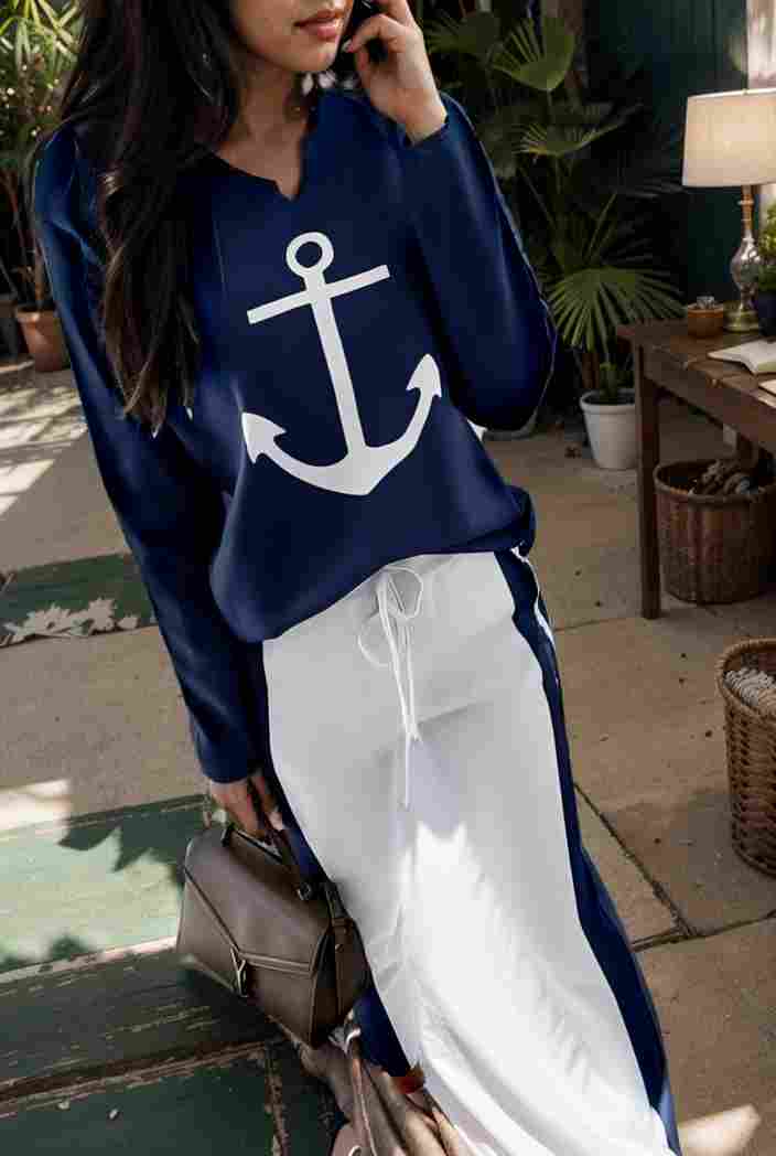 anchor print v neck long sleeve t shirt trousers two piece suit 114778