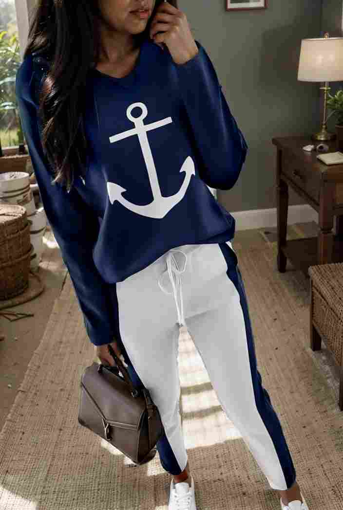 anchor print v neck long sleeve t shirt trousers two piece suit 114779