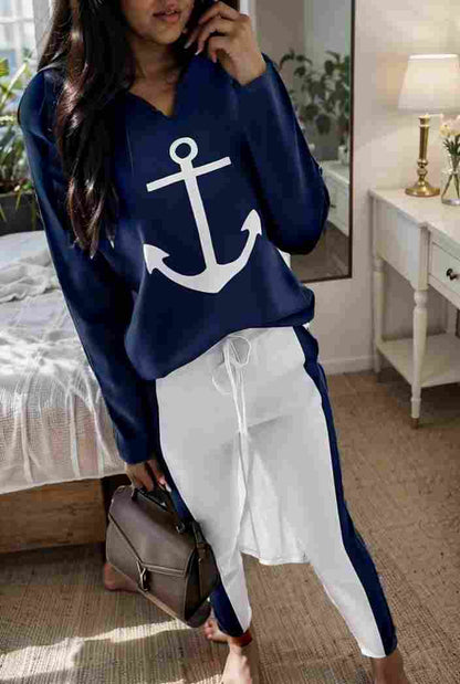 anchor print v neck long sleeve t shirt trousers two piece suit 114780