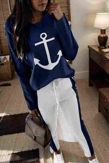 anchor print v neck long sleeve t shirt trousers two piece suit 114781