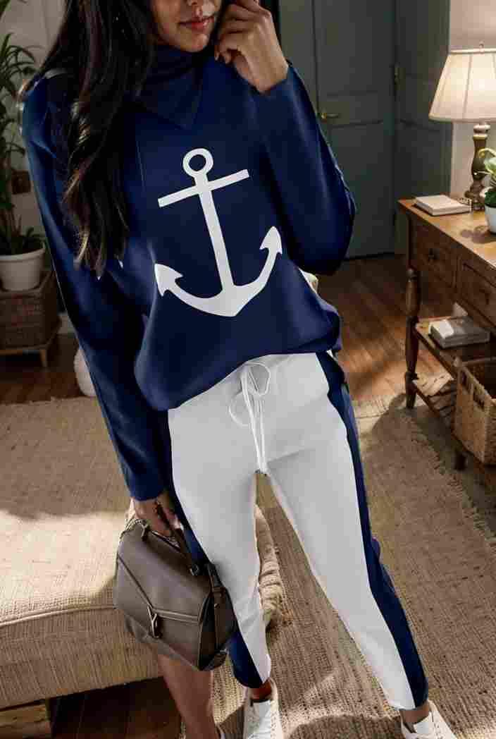 anchor print v neck long sleeve t shirt trousers two piece suit 114782