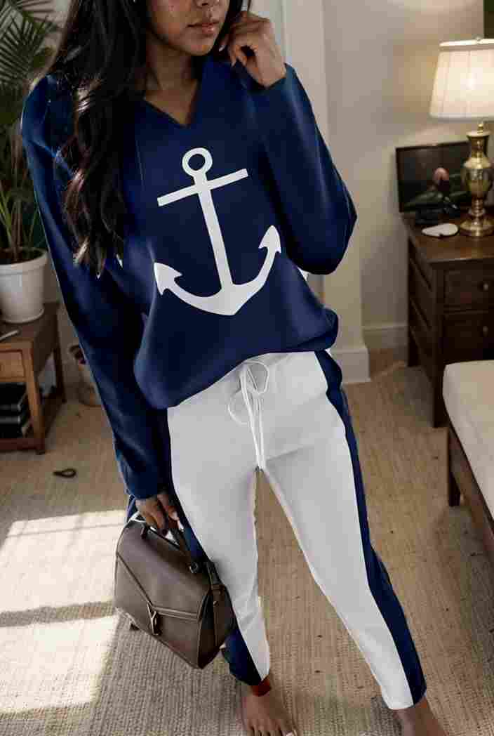 anchor print v neck long sleeve t shirt trousers two piece suit 114783