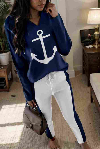 anchor print v neck long sleeve t shirt trousers two piece suit 112705