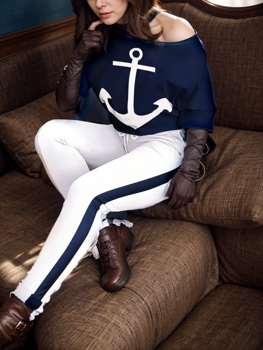 anchor print v neck long sleeve t shirt trousers two piece suit 100005