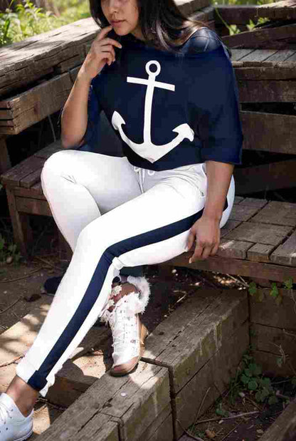 anchor print v neck long sleeve t shirt trousers two piece suit 104675