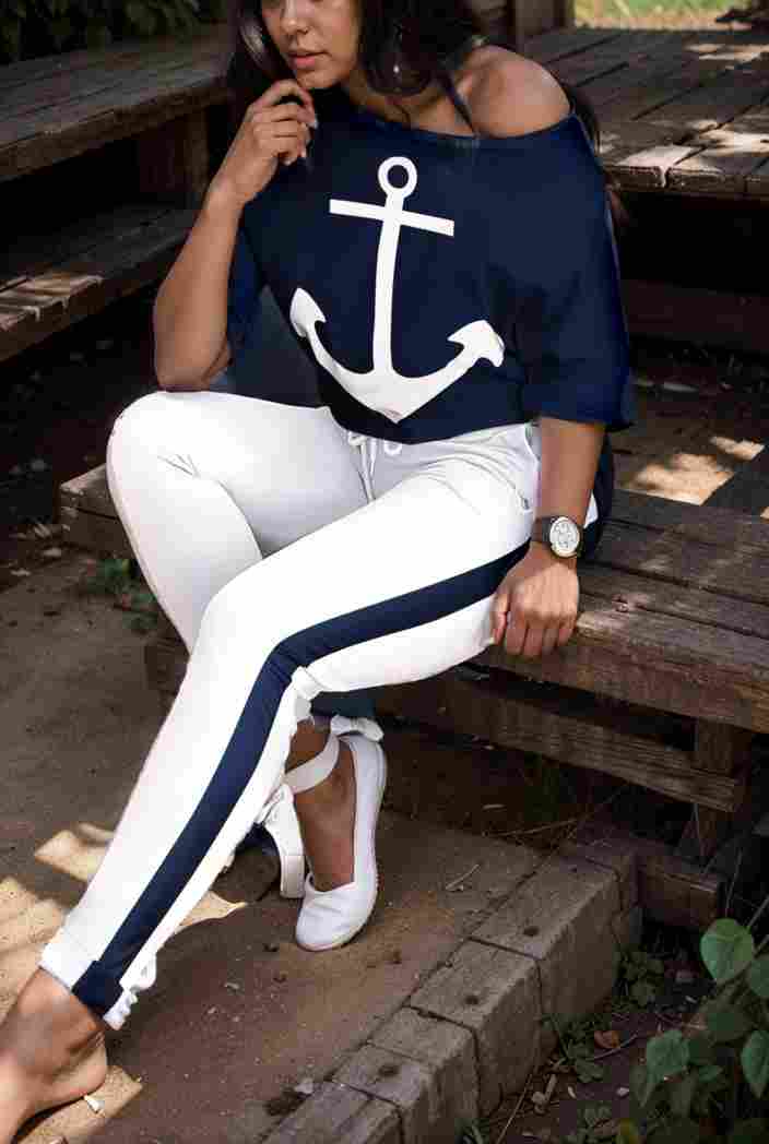 anchor print v neck long sleeve t shirt trousers two piece suit 128685