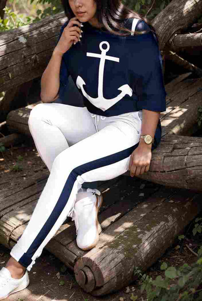 anchor print v neck long sleeve t shirt trousers two piece suit 113013