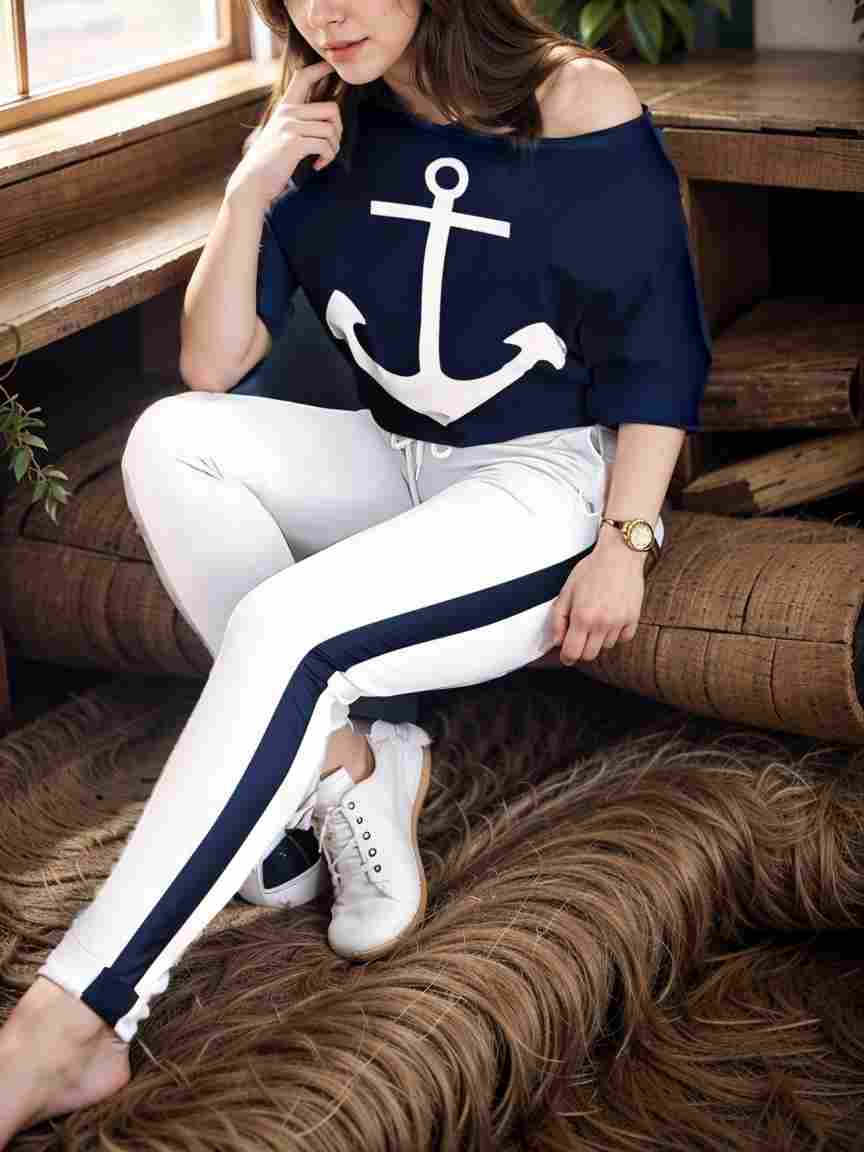 anchor print v neck long sleeve t shirt trousers two piece suit 115053