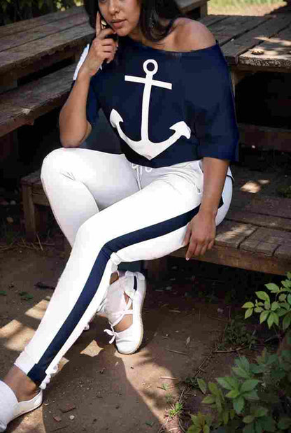 anchor print v neck long sleeve t shirt trousers two piece suit 133375