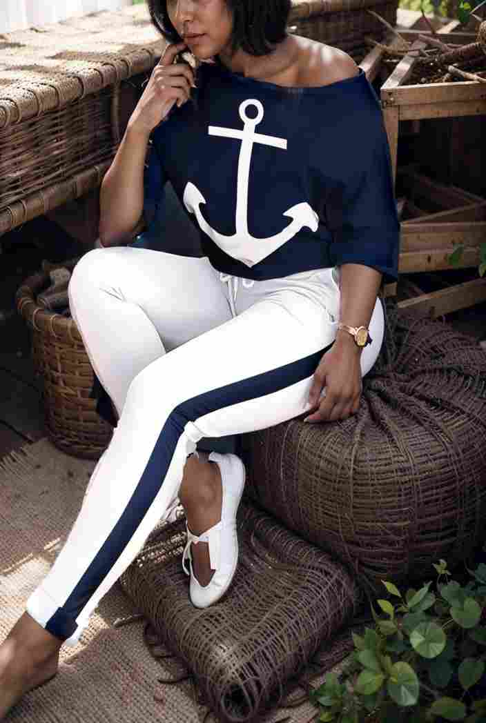 anchor print v neck long sleeve t shirt trousers two piece suit 120612