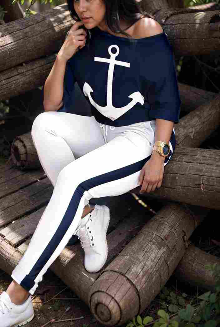 anchor print v neck long sleeve t shirt trousers two piece suit 138507