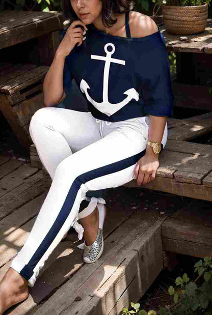 anchor print v neck long sleeve t shirt trousers two piece suit 113839