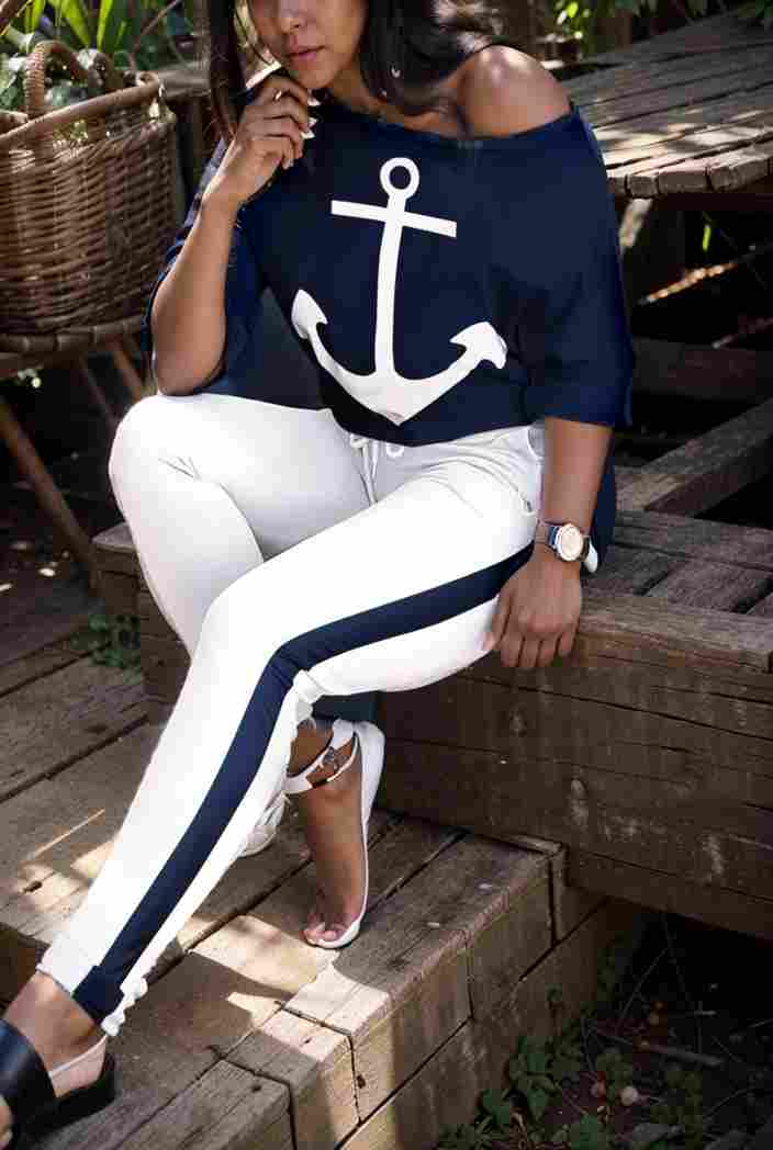 anchor print v neck long sleeve t shirt trousers two piece suit 103849