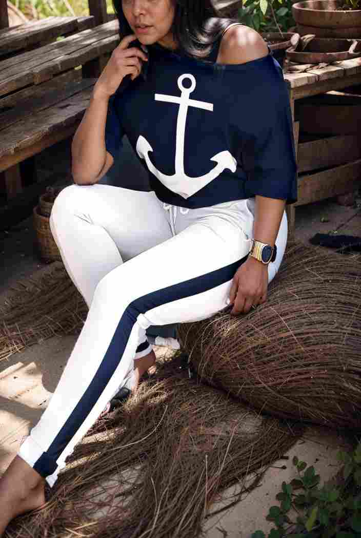 anchor print v neck long sleeve t shirt trousers two piece suit 102503