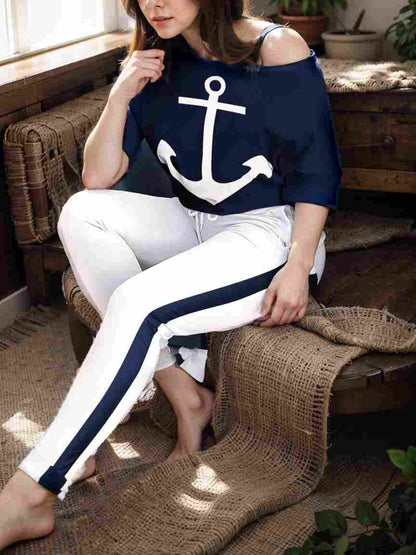 anchor print v neck long sleeve t shirt trousers two piece suit 119786