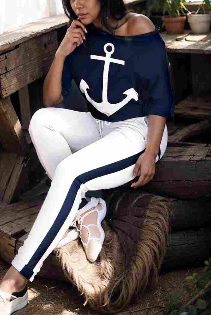 anchor print v neck long sleeve t shirt trousers two piece suit 133704